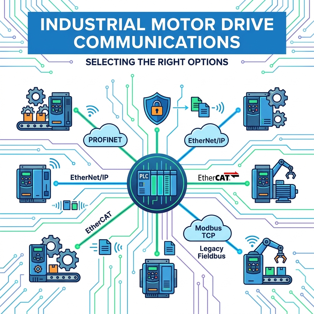 Quali opzioni di comunicazione sono importanti nella scelta degli azionamenti per motori industriali?